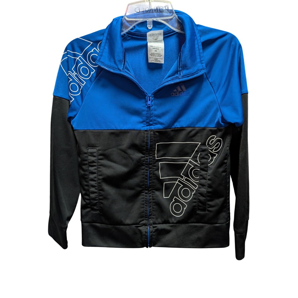 adidas Track Jacket Kids Size 8 Blue Black Excellent Graphic Logo Full Zip